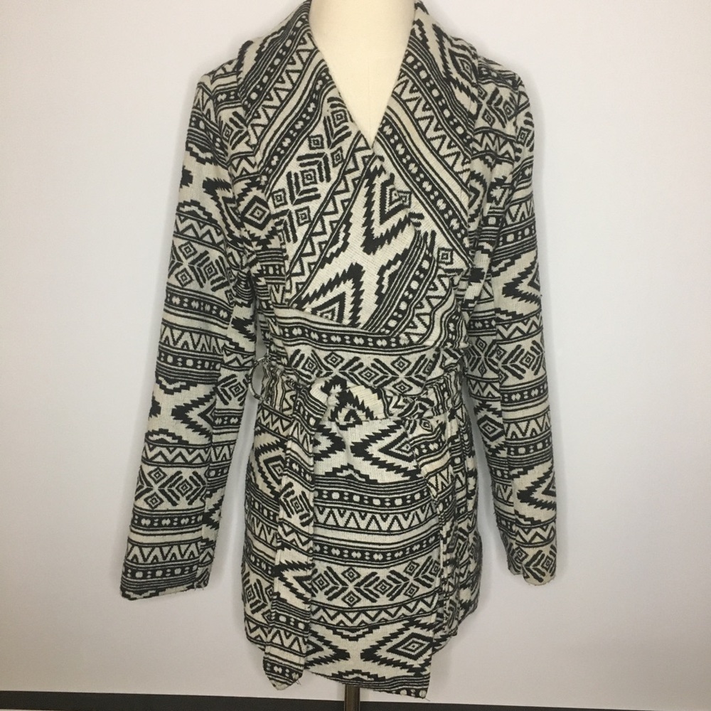 VANITY Black White Aztec Geometric Wool Blend Jacket Coat Belt Tie Medium